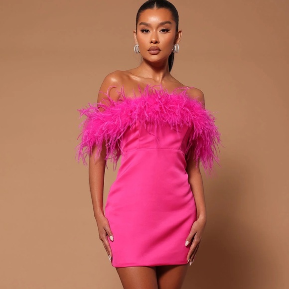 Fashion Nova Dresses Hot Pink Cocktail Feather Mini Dress Fashion